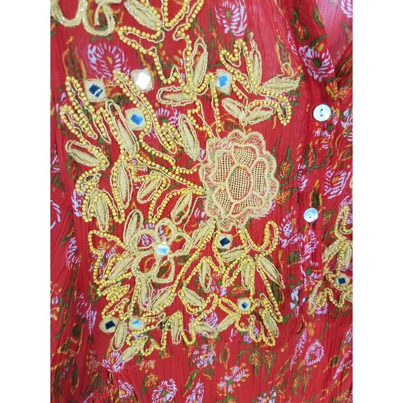Zara Woman Sz. S Red & Gold Floral Long Sleeve Chiffon Midi Sheer Dress - Picture 5 of 11